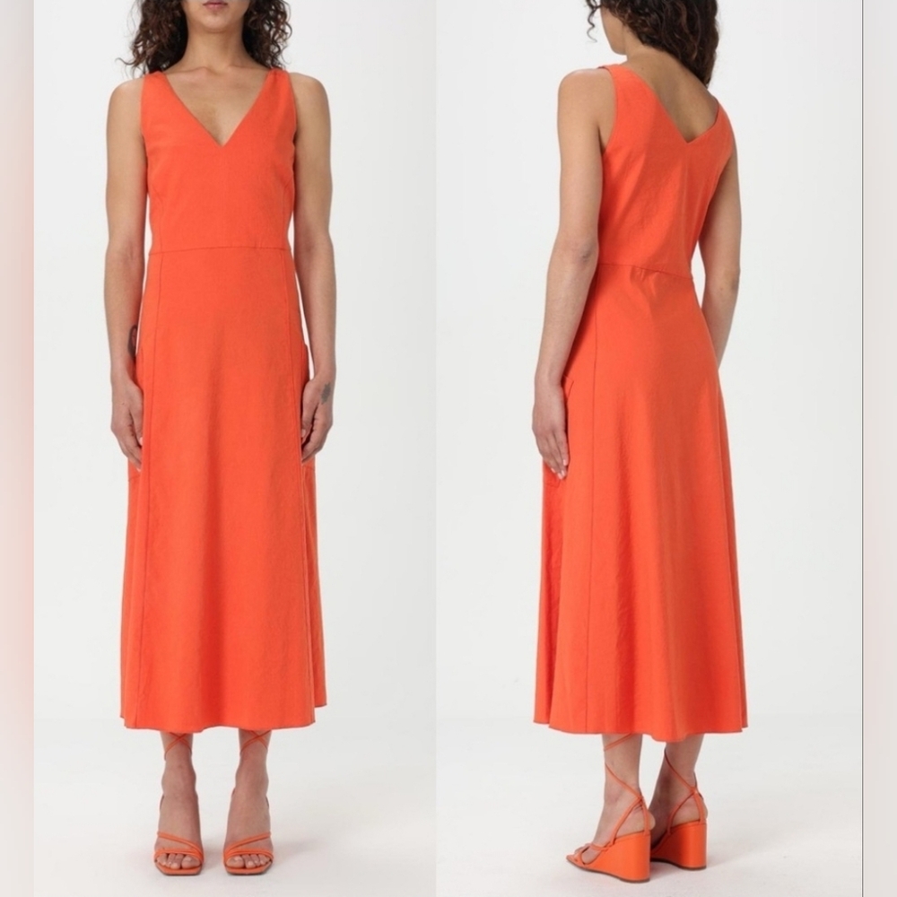 Vince Womens Orange Linen Sleeveless Midi Dress Size XL Minimalist